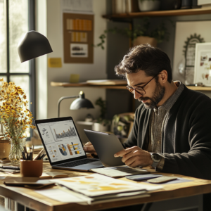Zakelijke eigenaar bekijkt gedetailleerd SEO-rapport met prestatiestatistieken op een laptop in een professionele omgeving