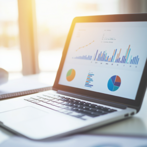 Vergelijking tussen SEO en SEA strategieën voor bedrijven, met statistieken en grafieken op laptop